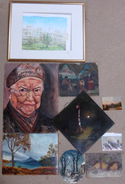 A collection of artwork including; Typical Houses, Sana'a, watercolour; Winter night' oval unframed work on paper; a Nativity scene; Goodrich Castle;