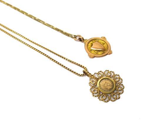 A 9ct gold pendant fob medallion, with a 9ct gold neckchain and a 9ct gold pendant, mounted with an imitation Mexican coin, on a 9ct gold box link nec