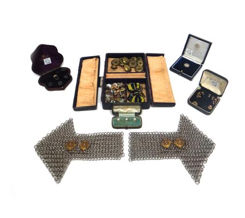 A group of gentleman's jewellery, comprising; a set of three cultured pearl mounted dress studs, cased, a part set of bloodstone set dress studs, case