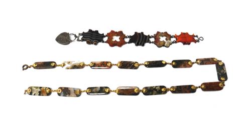 A Victorian vary coloured agate necklace, in a curved rectangular panel shape link design, on a base metal boltring clasp, length 51cm and a vary colo