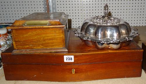 Collectables, including; a mahogany canteen box fitted with cutlery, a rosewood games box, an oak box and a silver plated tureen and cover, (qty).  S4