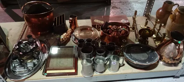 Metalware and collectables, including; copper jugs, a coal scuttle, pewter tankards, a Mullocks fishing reel, a warming pan and sundry, (qty)  S2