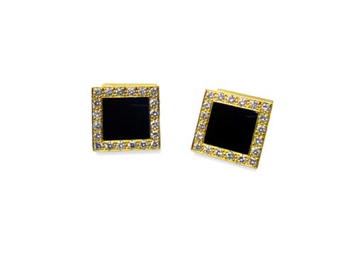 A pair of gold, black onyx and diamond set dress cufflinks, each front mounted with a rectangular black onyx, within a surround of circular cut diamon