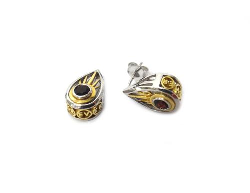 A pair of yellow and white metal and garnet set single stone earstud drops, each collet set with a circular cut garnet, the front detailed 'Forever 20