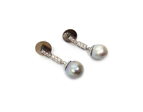 A pair of grey tinted cultured pearl and diamond drop earrings, each mounted with two rows of circular cut diamonds above a grey tinted cultured pearl