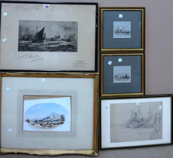 A group of five, including a print by Thomas Bush Hardy, a pair of ink drawings of boats at sea, a pencil harbour scene and a print of a view in Kashm