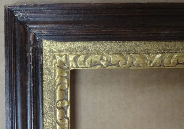 A pair of 18th century style wooden frames with decorated gilt slip, each aperture 56cm x 162cm.  CAB