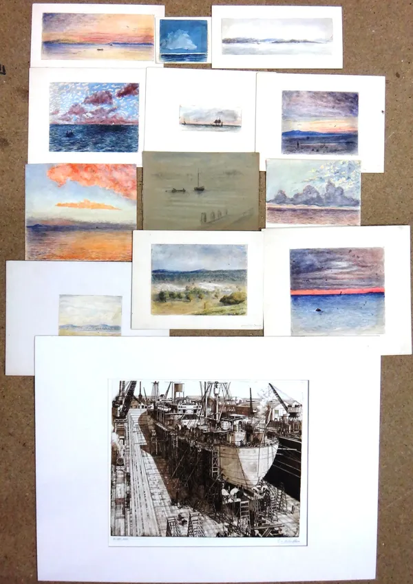 A collection of artwork including; 'In dry docks' by G.E. Blackburn etching, seascape, watercolours,12 watercolour landscape studies.(qty)  CAB