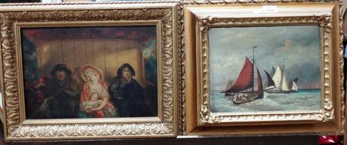 English School (late 19th century), Boats off the coast, oil on board, 19cm x 24.5cm.; together with a further oil of figures in a carriage interior.(