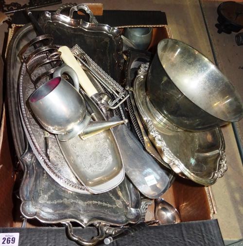 Silver-plated items, including; trays, bowls, a toast rack, a fish slice, a ladle and sundry, (qty). S3