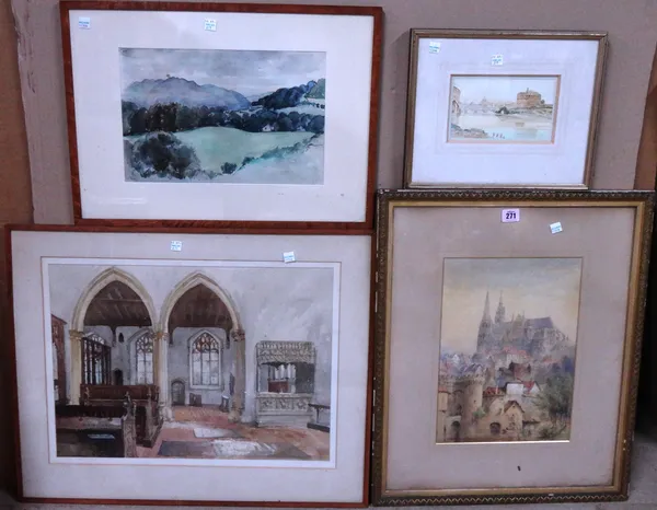 A group of seven watercolours and one oil, including an Alpine lake scene, a church interior, a View of Rome, a Coastal town (over a printed base) aft