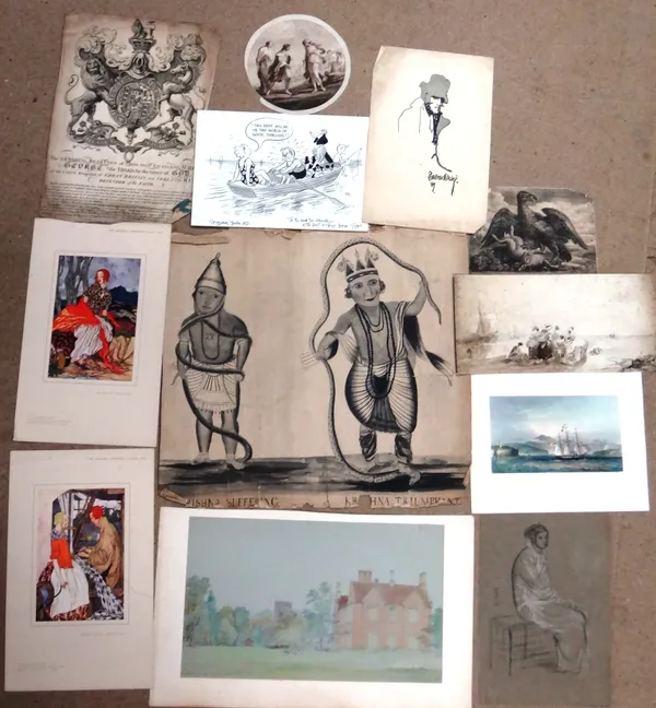 A collection of artwork including; holiday caricature cartoon by 'Tim'; unframed work on paper of an eagle with a dead rabbit; circle of Bonnington, w