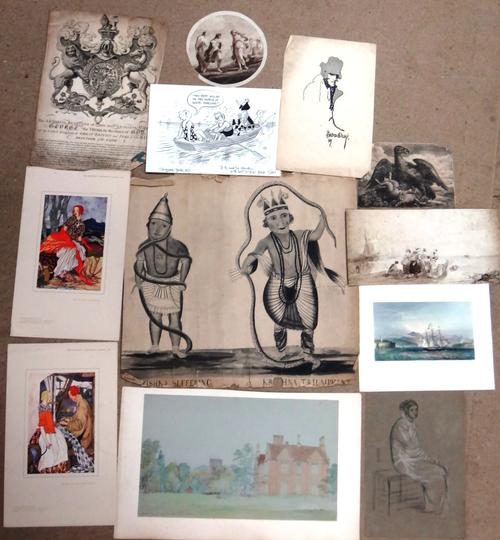 A collection of artwork including; holiday caricature cartoon by 'Tim'; unframed work on paper of an eagle with a dead rabbit; circle of Bonnington, w