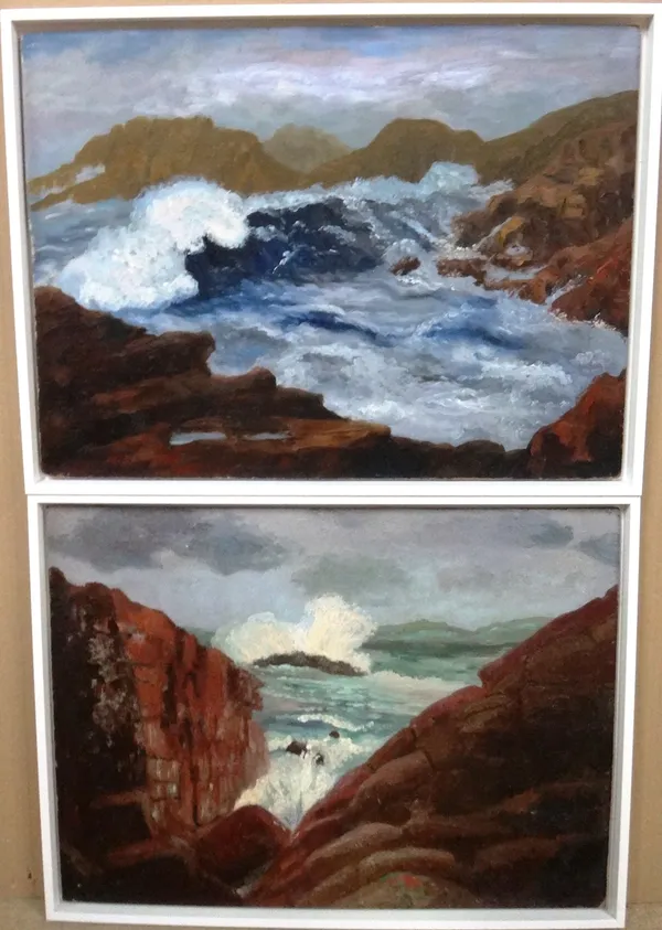 Elvic Steel (1920-1997), High Seas and High Rocks, Bryher, The Scilly Isles; Rip Tide, a pair, oil on board, both signed and inscribed on reverse, eac