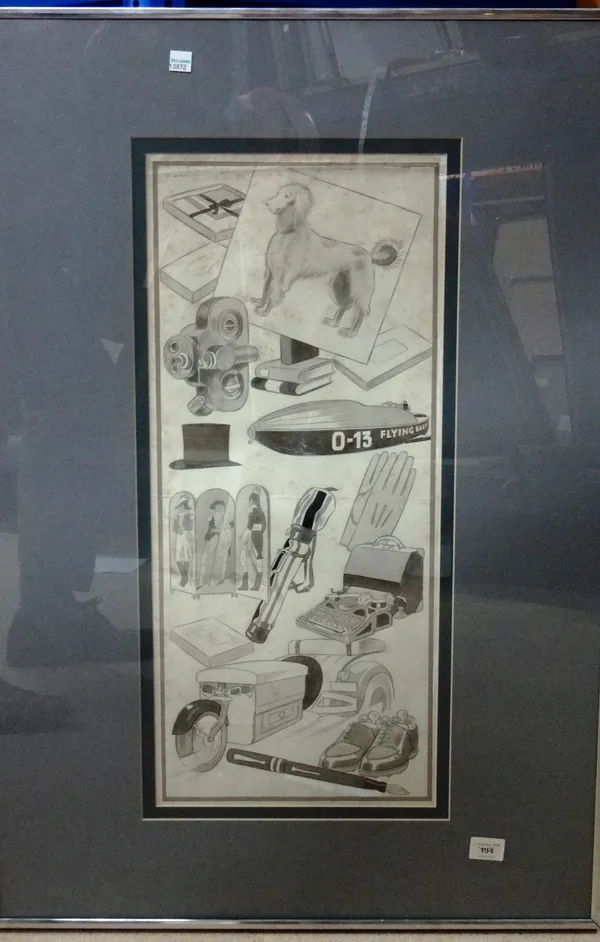 English School (20th century), Object group, pencil and grey washes, 56cm x 23.5cm.  K1