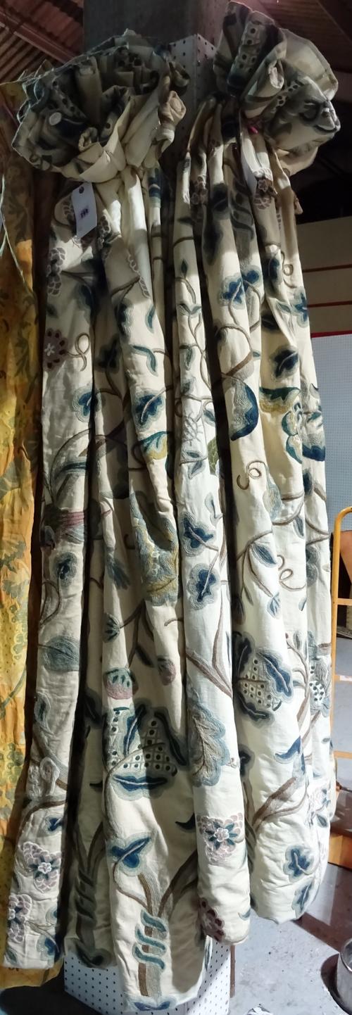 Curtains; a group of five individual lined and interlined curtains of matching pattern, cream ground with wool work flora and fauna decoration, two me
