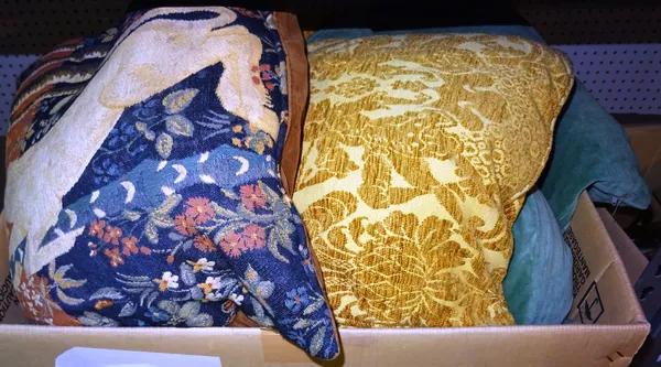 Cushions, comprising; twelve assorted sizes including green velvet, yellow brocade and two unicorn tapestry examples. (12) S4