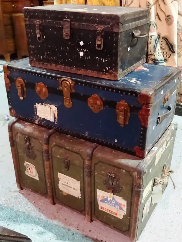A Montanari French steamer trunk, an English shoe trunk and a small metal trunk, the largest 60cm x 92cm. (3) I5