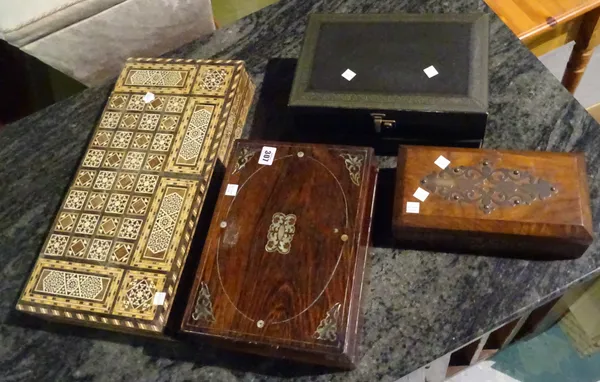 A 19th century rosewood and mother-of-pearl inlaid writing slope, a Victorian brass mounted writing slope, a green modern leather jewellery box and an