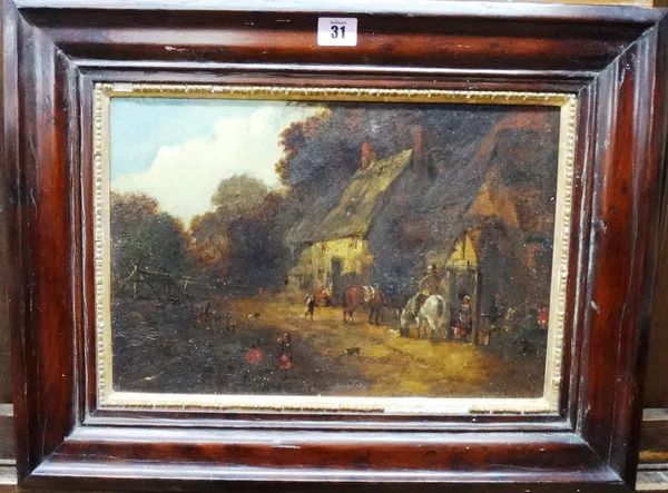 English School (late 19th century), A village scene with figures and horses, oil on board, 25cm x 38cm.  K1