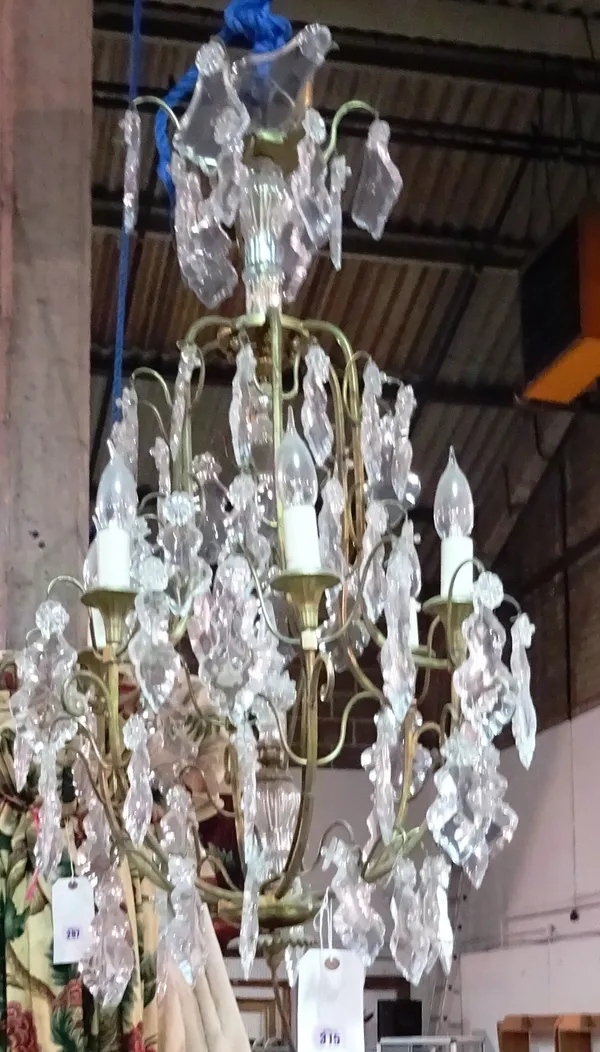 A 20th century brass and glass six branch chandelier. HANG