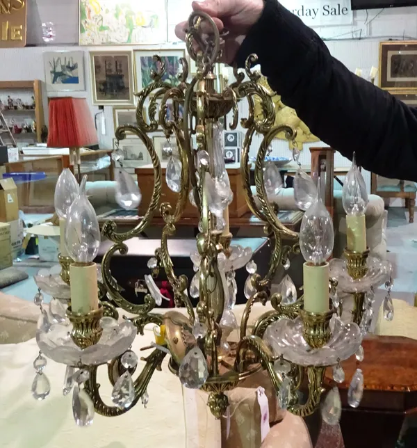 A 20th century brass and glass five light chandelier.  K2