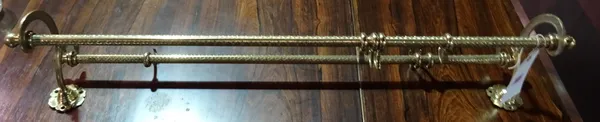 A 20th century brass two rail hanging rack with hooks. H2