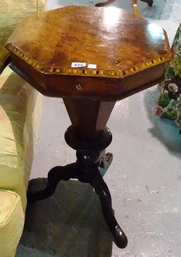 A Victorian inlaid walnut trumpet shaped work table on tripod base, 43cm wide x 74cm high.  ROST