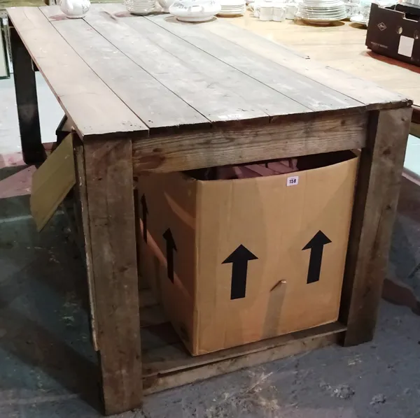 A 20th century pine work bench with undertier, 182cm wide x 78cm high. E2