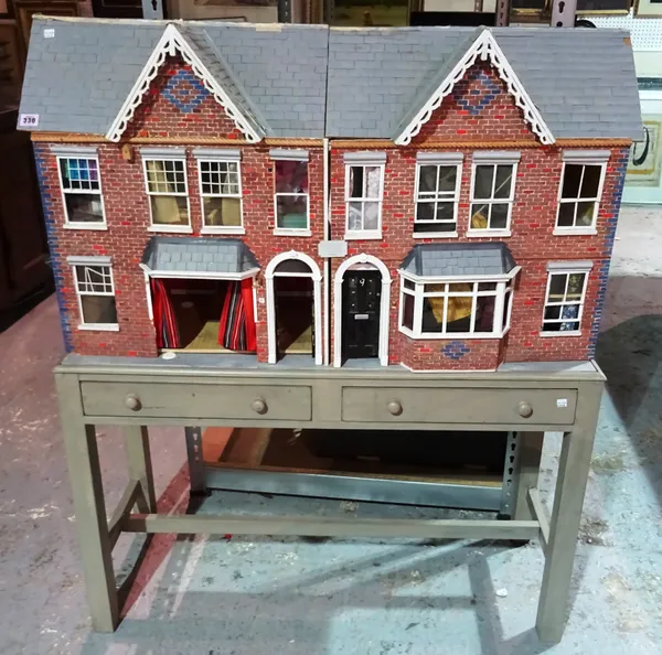 A 20th century dolls house on stand with part furniture and accessories, (a.f).   I4
