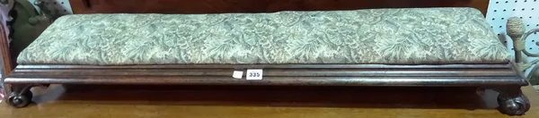 A Victorian rosewood framed rectangular foot stool on scroll feet, 120cm wide x 9cm high. D10