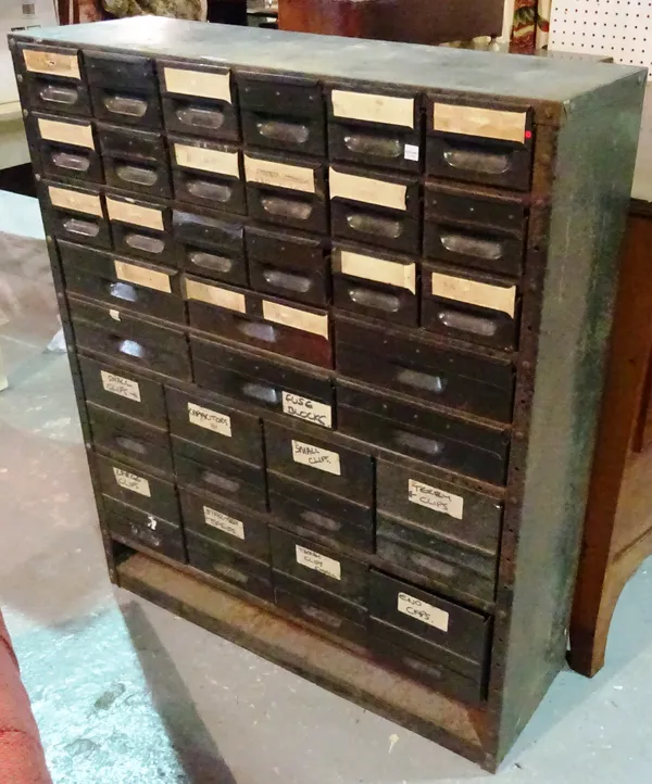 A 20th century industrial bank of green painted drawers, 89cm wide x 108cm high. B6