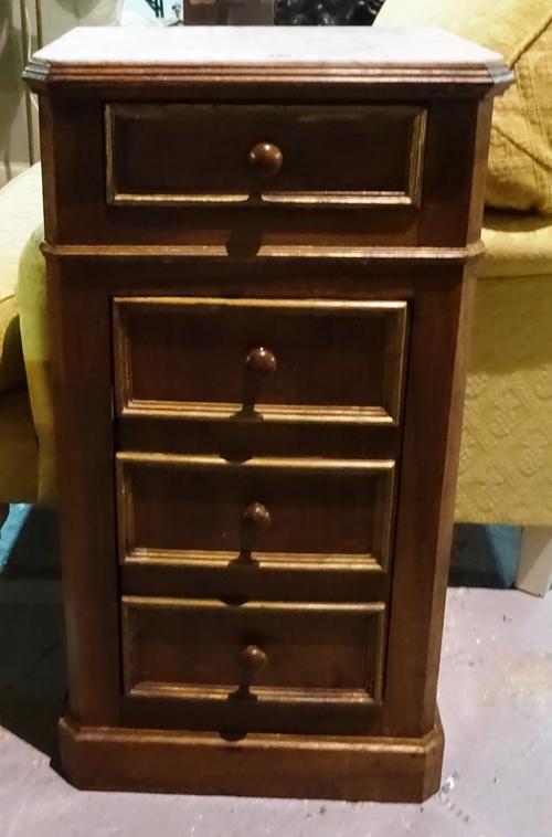 A 19th century Continental bedside chest of four drawers, with a white marble top, 40cm wide x 75cm high. G5