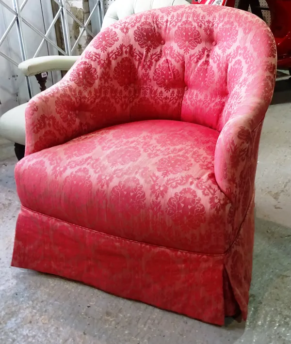 A pair of mahogany framed tub back armchairs, with pink upholstery, (2). B7