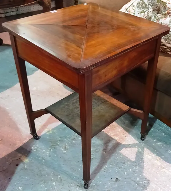 An Edwardian rosewood envelope card table with single drawer, 56cm wide x 72cm high. C7 51