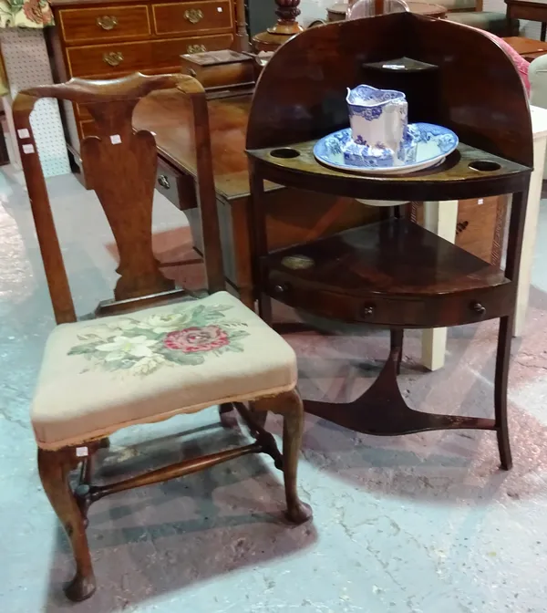 A Victorian mahogany corner washstand, together with a vase back dining chair, 56cm wide x 76cm high, (2). C7