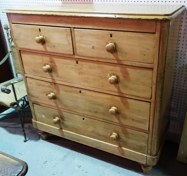 A Victorian stripped pine chest of two short and three long drawers, 119cm wide x 120cm high. D10