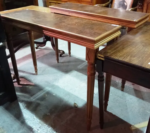 A pair of 20th century beech and walnut side tables, 110cm wide x 83cm high. (2) C9