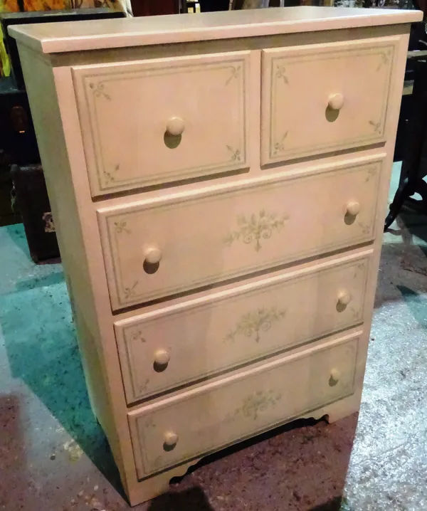 A 20th century green painted chest of two short and three long drawers, on bracket feet, 84cm wide x 123cm high. I5