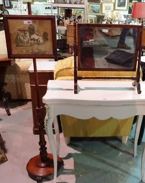 An early Victorian mahogany pole screen, on circular base, together with a mahogany toilet mirror, 55cm wide, (2). G5