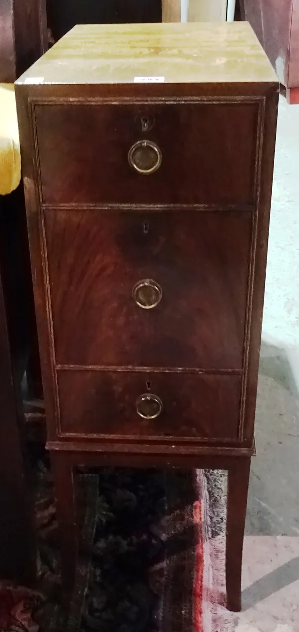 A pair of George III style mahogany three drawer pedestals, 27cm wide x 77cm high. (2) I4