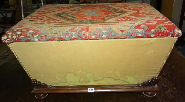 A Victorian mahogany framed box Ottoman, with kelim seat, on bun feet, 74cm wide x 37cm high.  H9