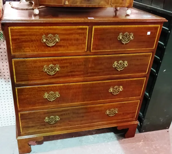 A 20th century mahogany inlaid chest of two short and three long drawers, on bracket feet, 94cm wide x 95cm high. C6