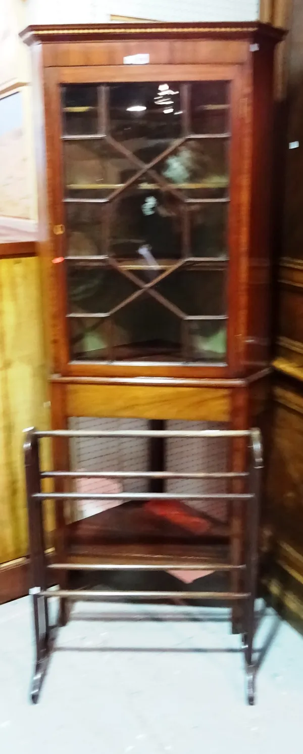 A 20th century mahogany corner cupboard on stand, 72cm wide x 191cm high, together with a mahogany towel rail, (2). G10