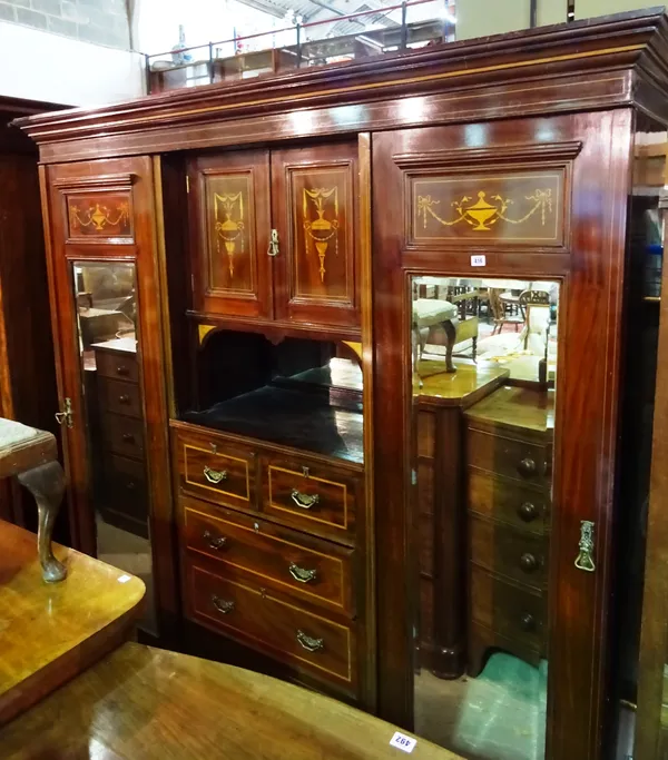An Edwardian mahogany and inlaid wardrobe, 201cm wide x 206cm high. M7