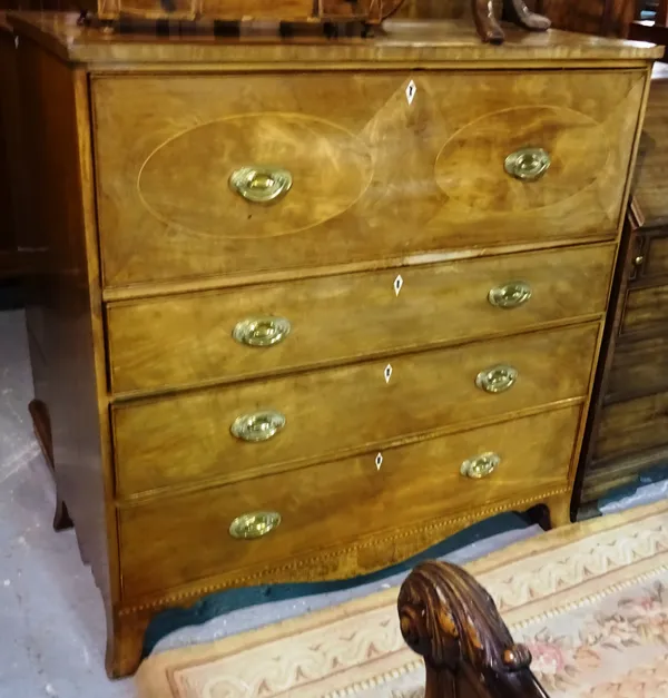 A 19th century mahogany and inlaid secretaire chest, the secretaire drawer with fitted interior over three long drawers, on splayed feet, 118cm wide.
