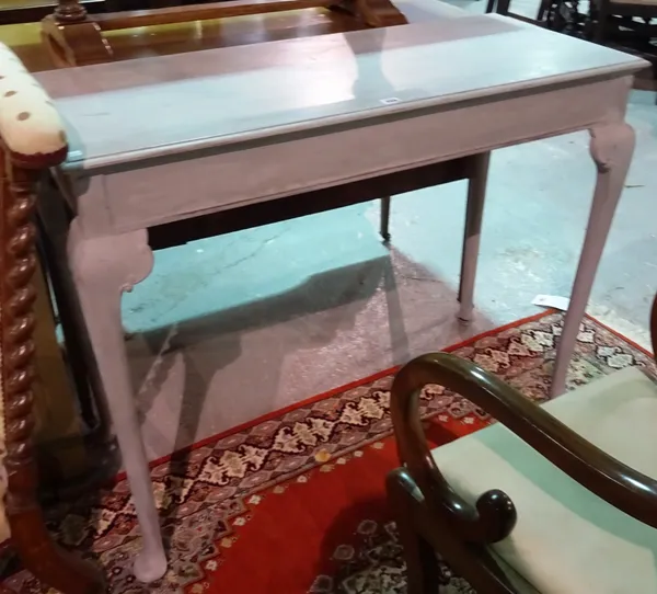 A 20th century grey painted mahogany console table, on bun feet, 107cm wide x 85cm high.  D7