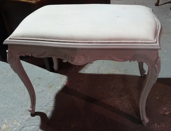 A 20th century grey painted footstool, on cabriole legs, 77cm wide x 52cm high.  M6