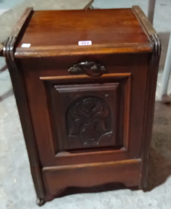 A 19th century mahogany coal purdonium, with inset carved decoration, 39cm wide x 59cm high.  M6