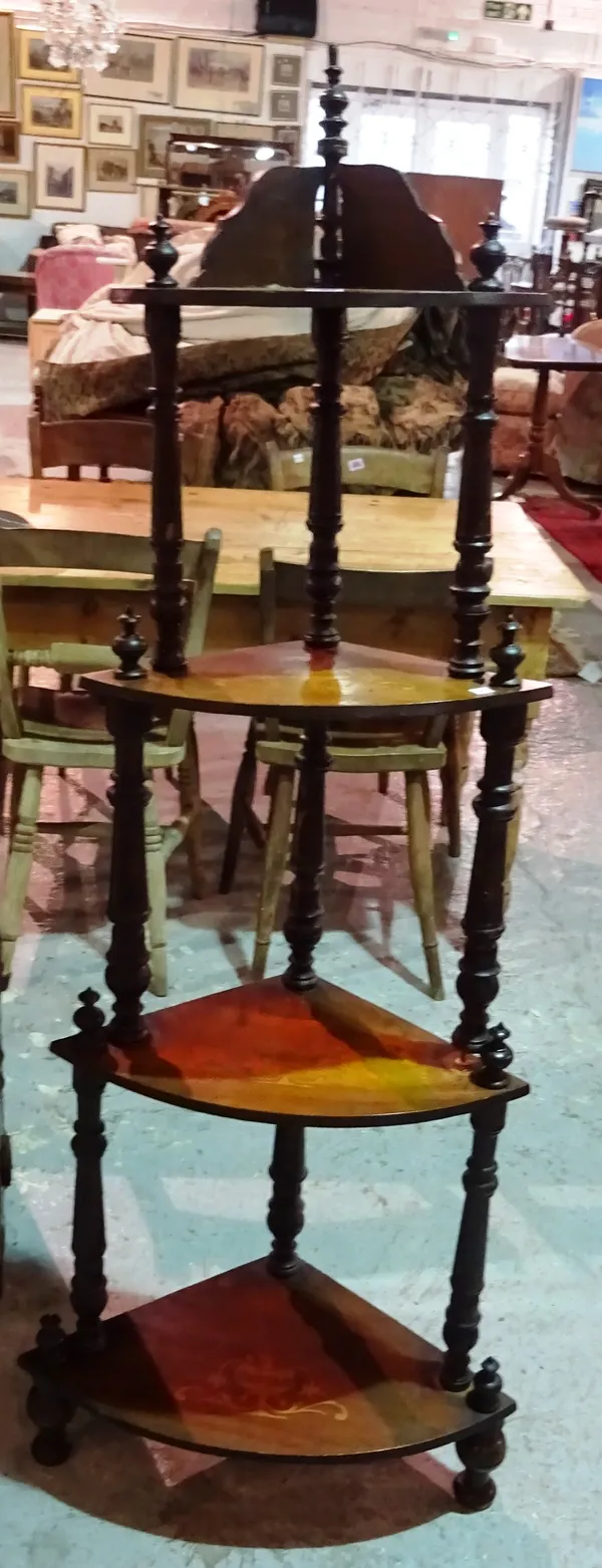 A 19th century mahogany inlaid bowfront four tier what-not, 55cm wide x 148cm high.   D6